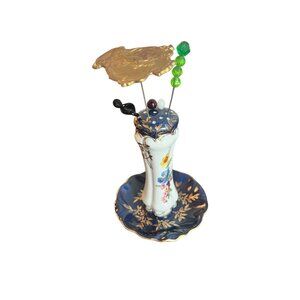 Vintage Limoges French Hat Pin Holder & Ring Tray Navy Floral Gold Porcelain W/